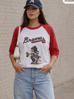 Tiny turnip Women RED Braves Raglan Baseball Tee- Kate the catcher new large